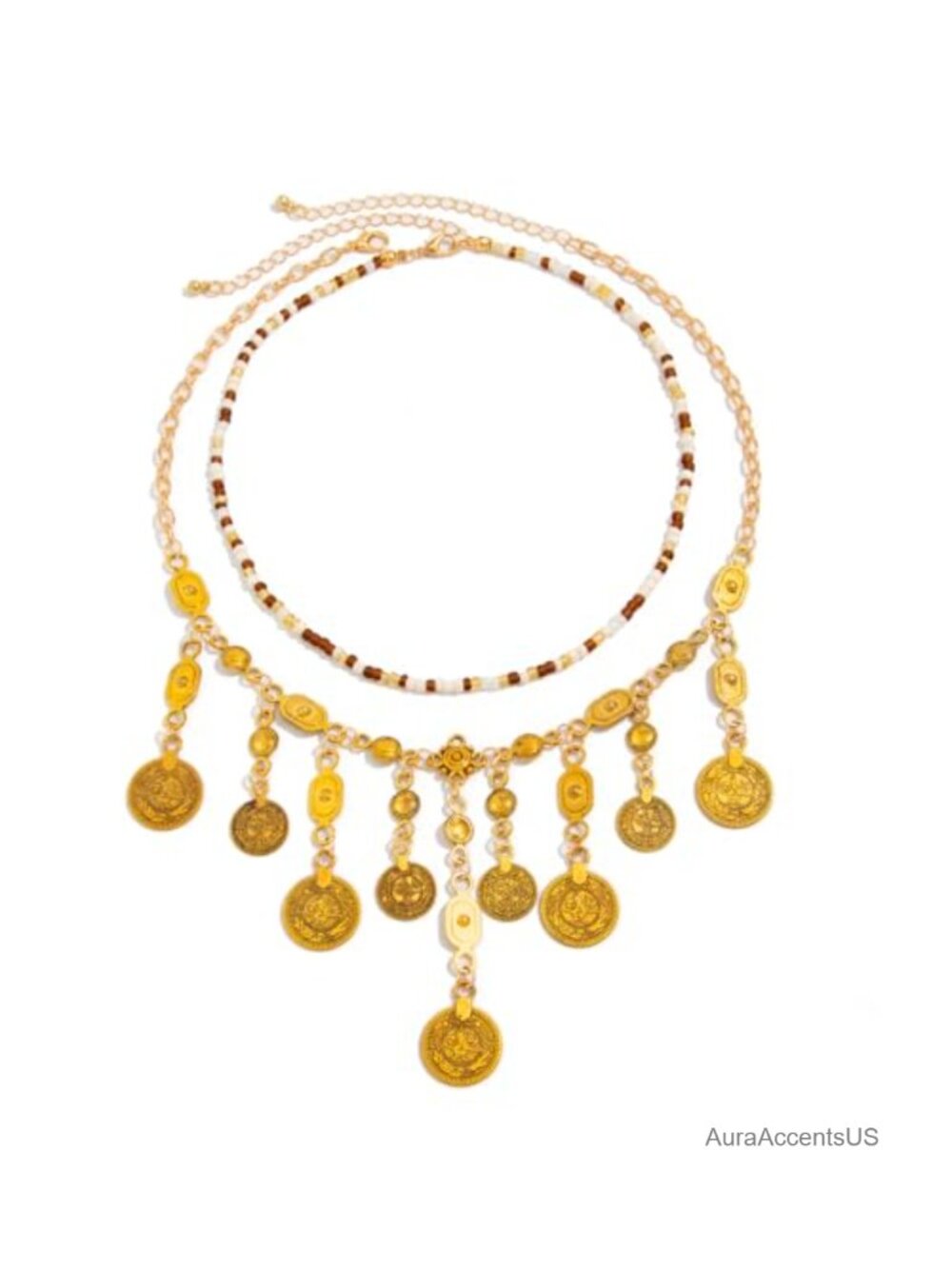 Boho Gold Coin Charm Necklace Women Layered Beaded Pendant Pirate